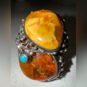 HUGE Baltic Amber Amethyst Silver Plated Artisan Ring
